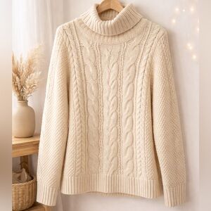 L.L.Bean Fisherman Cable Knit Turtleneck Sweater Cream Wool Blend Women’s M